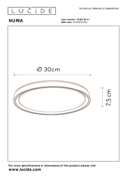 Lucide NURIA - Plafonnière - Ø 30 cm - LED Dimb. - 1x18W 2700K - 3 StepDim - Wit - technisch